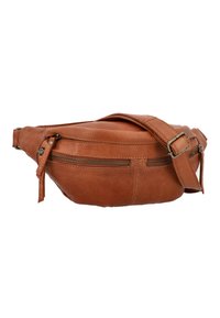 Brauner Lederbauchtasche mit runder Form, ausgestattet mit einer vorderen Reißverschlusstasche und einem verstellbaren Trageriemen. Glatte Textur mit sichtbaren Nähten.