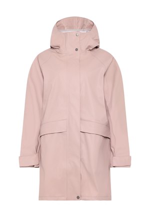 Hellrosa wasserdichte Jacke mit Kapuze, Druckknopf-Verschluss vorne und verstellbaren Manschetten. Glatte Textur mit minimalistischem Design.