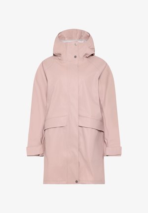 Hellrosa wasserdichte Jacke mit Kapuze, Druckknopf-Verschluss vorne und verstellbaren Manschetten. Glatte Textur mit minimalistischem Design.