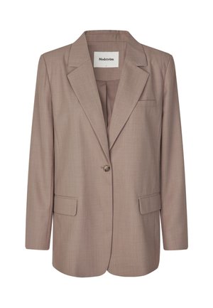 Svetle hnědý blazer vyrobený z texturované tkaniny. Má klopový límec, zapínání na jeden knoflík, dvě přední kapsy a jednu náprsní kapsu.