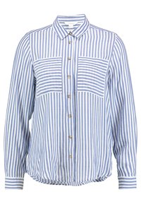 Chemise à manches longues rayée bleu et blanc avec un col boutonné, deux poches frontales et un ourlet froncé. Le tissu semble léger.