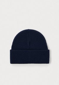 Navy blue knitted beanie hat, featuring a ribbed texture, rounded top, and a folded cuff, made from a soft, stretchy material.