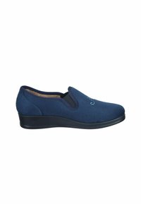 Navy blue slip-on shoe with elastic side inserts, soft fabric upper, low wedge sole, and subtle embroidery on the front.