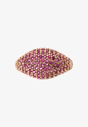 Gold ring with a dome shape, set with small pink stones in a textured pattern. Smooth, shiny finish; overall intricate detailing.