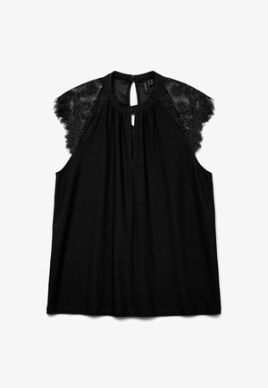 Top nero con maniche a sbuffo in pizzo, scollatura a chiave e design fluido. Tessuto liscio con una vestibilità comoda e delicate dettagli in pizzo sulle spalle.