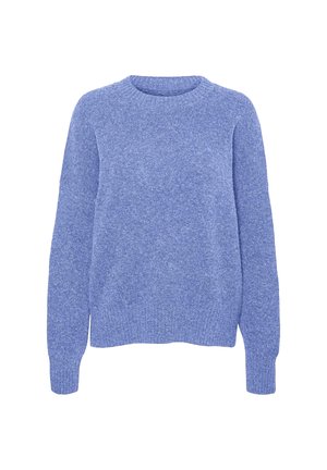 Niebieski sweter dzianinowy z okrągłym dekoltem, długimi rękawami i luźnym krojem. Tekstura wydaje się miękka i lekko puszysta.