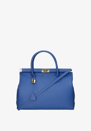 Modrá kožená kabelka s zaoblenými rukojeťmi, zlatými kovovými doplňky, odnímatelným ramenním popruhem a hladkým povrchem. Obsahuje detail s visacím zámkem.