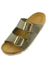 Gröna sandaler med två justerbara remmar, gyllene spännen, texturerad yta, korkfotbädd och vit gummisul.