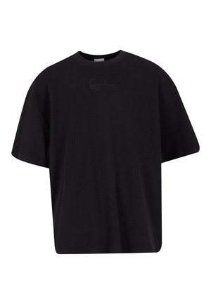 Svart t-skjorte med kort erme laget av ribbestrikket stoff, med en avslappet passform og subtil broderi logo detaljer på brystet.
