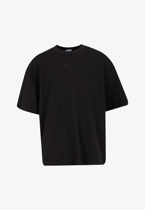Černé tričko s krátkým rukávem vyrobené z žebrované látky, s volným střihem a decentním vyšitým logem na hrudi.