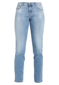 Ljust blå denimjeans med rak passform, som har knäppning framtill, fem fickor och subtila blekningar på tyget.