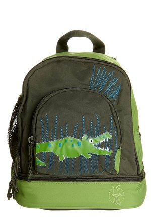 Green and black children’s backpack with a cartoon green crocodile and blue grass embroidery on the front pocket.