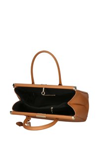 Borsa in pelle marrone con forma strutturata, doppi manici e interno in tessuto nero. Include tasche con zip e tasche a soffietto. Accenti in hardware dorato.