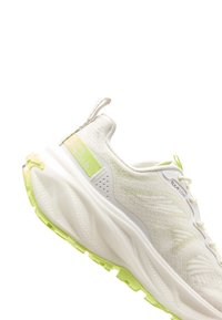 Lightweight running shoe in white and light green, featuring a breathable textile upper, textured sole, and reflective accents for visibility.
