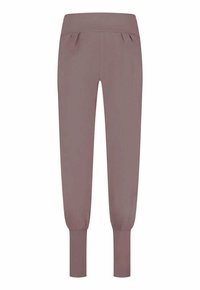 Ljusbruna joggerbyxor med en mjuk textur, utrustade med bred resår i midjan och avsmalnande muddar vid anklarna. Enkel design med veck.