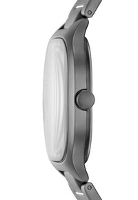 Orologio grigio con cassa rettangolare liscia e una corona prominente sul lato. Presenta un quadrante trasparente e un bracciale abbinato.