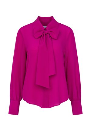 Langärmlige magentafarbene Bluse mit einer großen Schleife am Hals und breiten Manschetten, aus leichtem Stoff gefertigt.