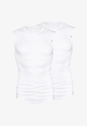 To hvide ærmeløse bomuldsundertrøjer med rund halsudskæring, præget af en tætsiddende pasform og glat tekstur, vist uden baggrund.