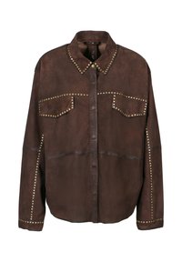 Brun mockascshirt med krage, prydd med guldnitar längs axlarna, fickorna och sidorna. Knappstängning framtill, avslappnad passform.