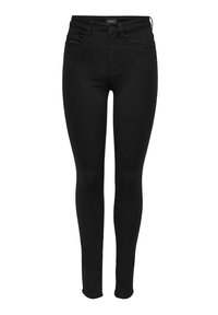 Schwarze schmale Jeans mit glatter Textur, Fünf-Taschen-Design und Knopfverschluss. Hergestellt aus dehnbarem Material für eine enge Passform.