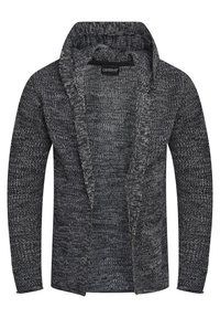 Knitted cardigan in black and gray with an open front, two side pockets, and a textured finish. Soft fabric and a shawl collar.