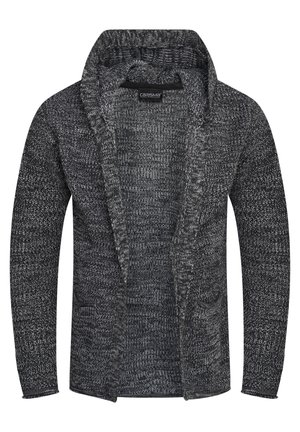 Knitted cardigan in black and gray with an open front, two side pockets, and a textured finish. Soft fabric and a shawl collar.