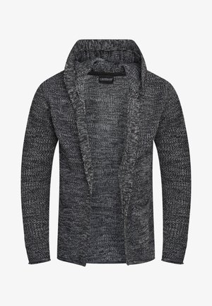 Knitted cardigan in black and gray with an open front, two side pockets, and a textured finish. Soft fabric and a shawl collar.