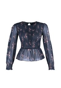 Mørkeblå bluse med lange, oppustede ærmer, smocket liv og blomsterprint i pink. Peplum-kant med elastiske mansjetter og åbning i nakken.