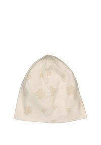 Ljus beige bomullsbeanie med en mjuk textur, som har ett subtilt klövermönster i en ljusare nyans. Rundad topp och sträckbar passform.