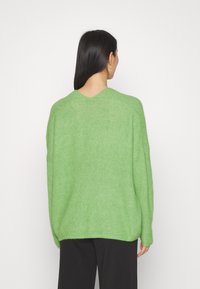 Pull vert en maille au style décontracté, col en V et manches longues, avec une texture douce et un ourlet côtelé.