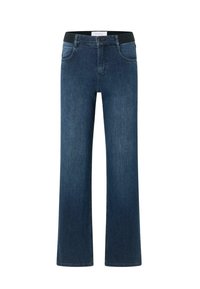 Blugi din denim albastru închis cu un design cu picioare largi, având o talie neagră, buzunare frontale și detalii clasice de cusătură.