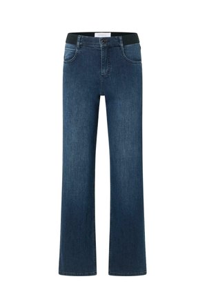 Jean en denim bleu foncé avec un design à jambes larges, doté d'une ceinture noire, de poches avant et de détails de couture classiques.
