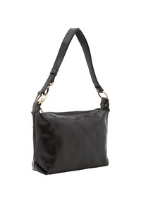 Zwarte leren schoudertas met een gladde textuur, rechthoekige vorm, verstelbare schouderband en accenten in goudkleurige hardware.