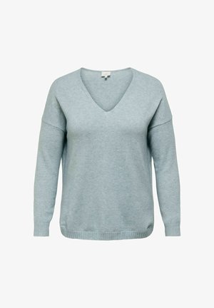 Hele sinine pikad varrukad särk, millel on V-kaelus, ribatükid varrukatel ja allservas, taustal valge taust.