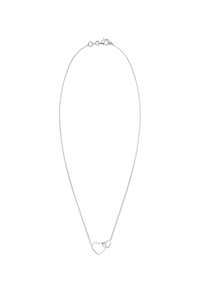Silberfarbene Halskette mit zwei ineinandergreifenden Herzanhängern. Zartes Kettendesign mit einem Karabinerverschluss. Glatte Oberfläche.