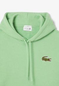 Ljusgrön hoodie gjord av mjukt tyg med lös passform, som har en dragsko i huvan och en broderad crocodillelogotyp på vänster bröst.