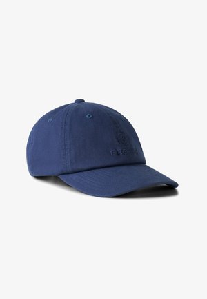 Navy blue baseball cap with stitched ventilation holes and embroidered brand logo on the front panel, displayed on white background.