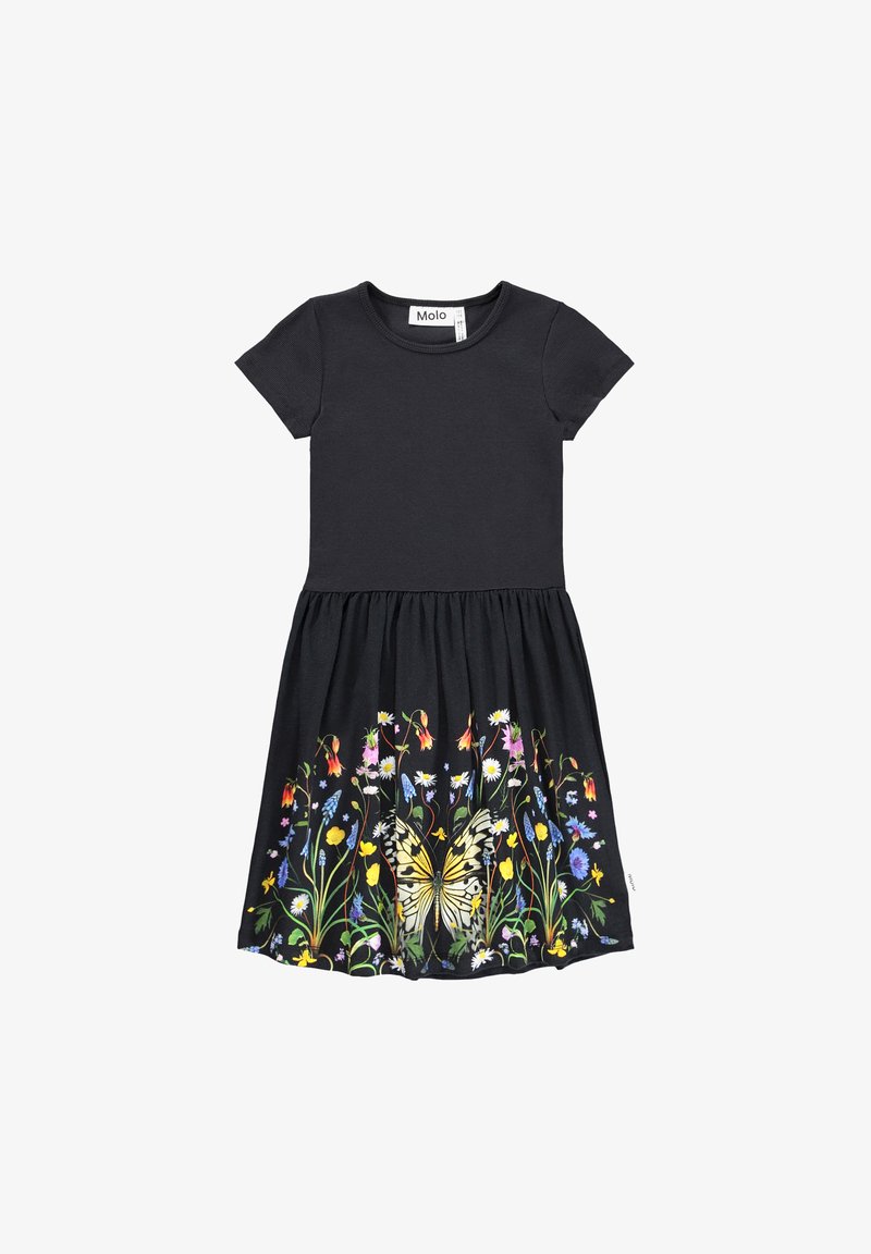 Μαύρο βαμβακερό φόρεμα με κοντό μανίκι, διακοσμημένο με λουλούδια και σχέδιο πεταλούδας σε ζωηρά χρώματα στο τελείωμα.