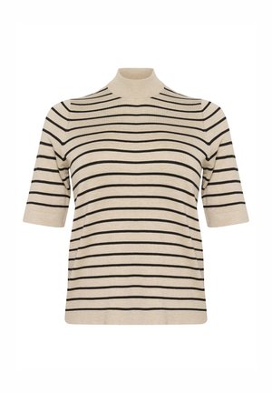 Beige short-sleeve top featuring black horizontal stripes and a mock neck design. Soft texture and relaxed fit. No visible details or embellishments.
