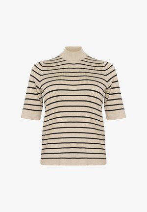 Top de manga corta beige con rayas horizontales negras y un diseño de cuello vuelto. Textura suave y corte relajado. Sin detalles visibles ni adornos.