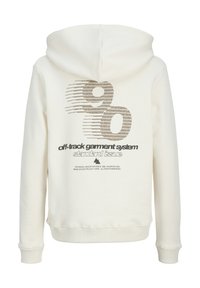 Crèmekleurige hoodie met een grote grafische print in metallic zilver en zwart, met de tekst "off-track garment system standard issue."