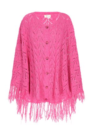 Rosa gestrickte Strickjacke mit Chevron-Muster, offenem Front und fünf Knöpfen. Verfügt über Fransenverzierungen am Saum für zusätzliche Textur.