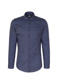 Chemise bleu marine à manches longues boutonnée avec pois blancs, col classique et coupe slim.