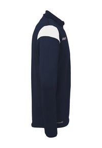 Marineblaues Langarmshirt mit einem weißen Schulterakzent und einem hohen Kragen. Hergestellt aus einem glatten, atmungsaktiven Stoff; verfügt über ein Logo auf der Vorderseite.