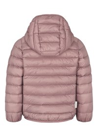 Pufferjack in zacht roze, met een capuchon, een doorgestikt ontwerp met horizontale strepen en elastische boorden. Gladde, glanzende stof.