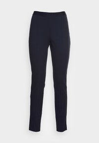 Pantalones elásticos en color navy con una cintura ancha y logotipo en relieve, corte ajustado y costuras verticales para una apariencia estilizada.
