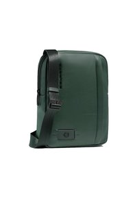 Grüne Leder-Umhängetasche mit Reißverschluss, verstellbarem Riemen und vorne geprägt Logo. Glatte Textur und rechteckige Form.