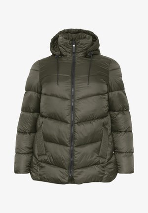 Olive green puffer jacket with a hood, zipper closure, front pockets, and quilted texture. Features black accents and adjustable drawstrings.