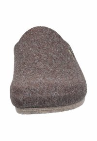 Brown wool slipper with a rounded shape, soft texture, and minimalistic design. Features a flat, beige sole and subtle stitching detail.