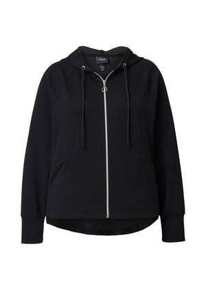 Black zip-up hoodie with a hood, front pockets, and drawstrings. Features a smooth fabric texture and a slightly curved hemline.